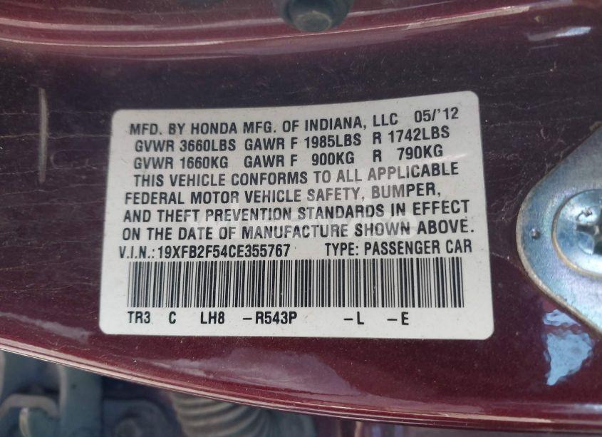 Photo 9 of 2012 Honda Civic LX (VIN 19XFB2F54CE355767)