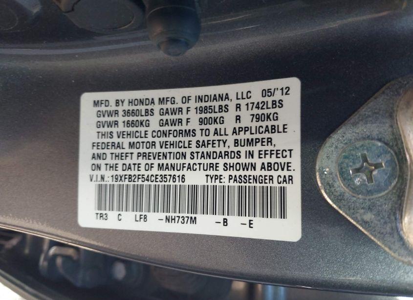 Photo 9 of 2012 Honda Civic SDN LX (VIN 19XFB2F54CE357616)