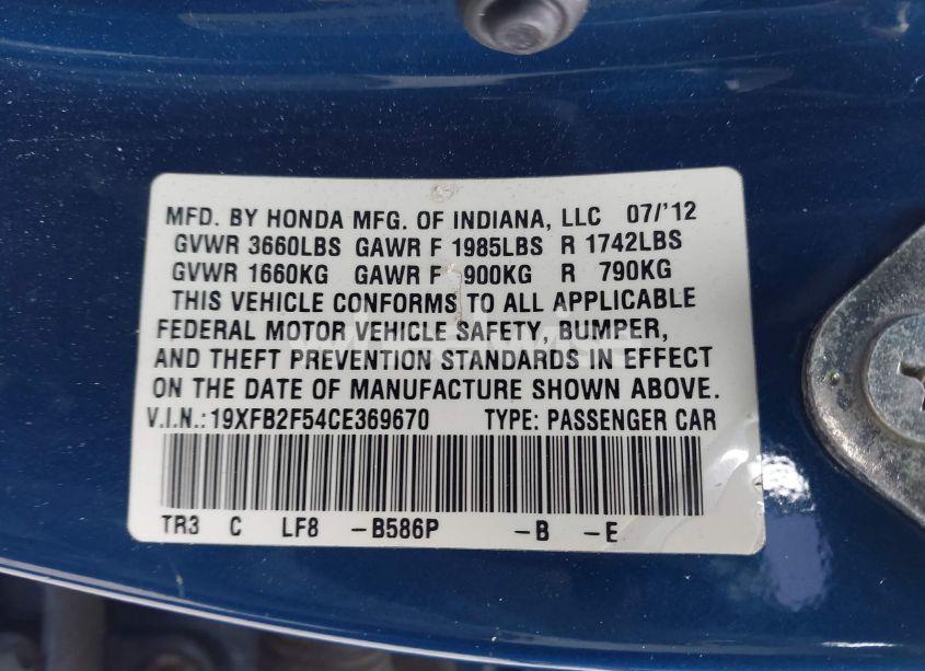 Photo 9 of 2012 Honda Civic SDN LX (VIN 19XFB2F54CE369670)