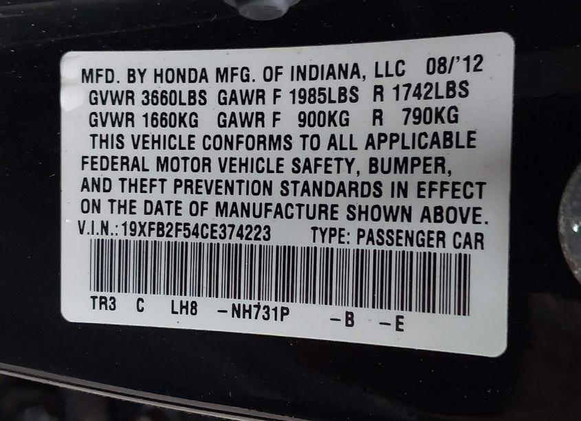 Photo 9 of 2012 Honda Civic LX (VIN 19XFB2F54CE374223)