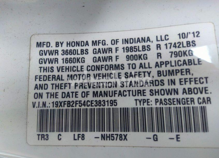 Photo 9 of 2012 Honda Civic LX (VIN 19XFB2F54CE383195)