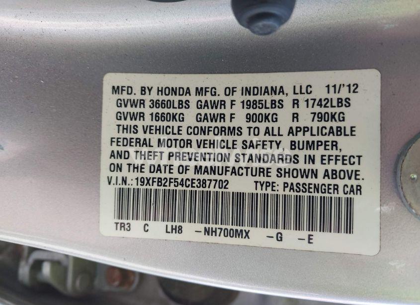 Photo 9 of 2012 Honda Civic LX (VIN 19XFB2F54CE387702)