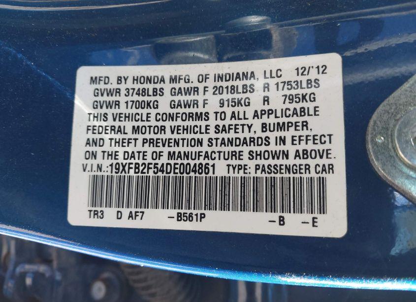 Photo 9 of 2013 Honda Civic LX (VIN 19XFB2F54DE004861)