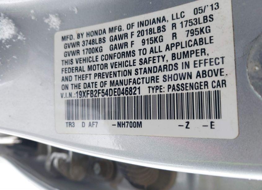 Photo 9 of 2013 Honda Civic LX (VIN 19XFB2F54DE046821)