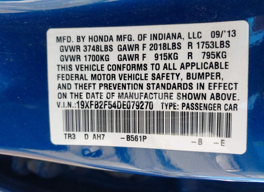 Photo 9 of 2013 Honda Civic LX (VIN 19XFB2F54DE079270)