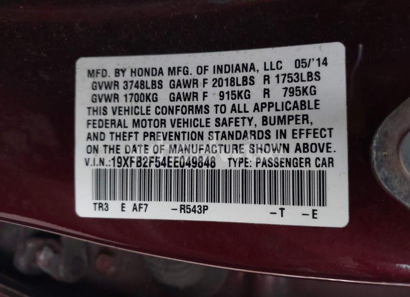 Photo 9 of 2014 Honda Civic LX (VIN 19XFB2F54EE049848)