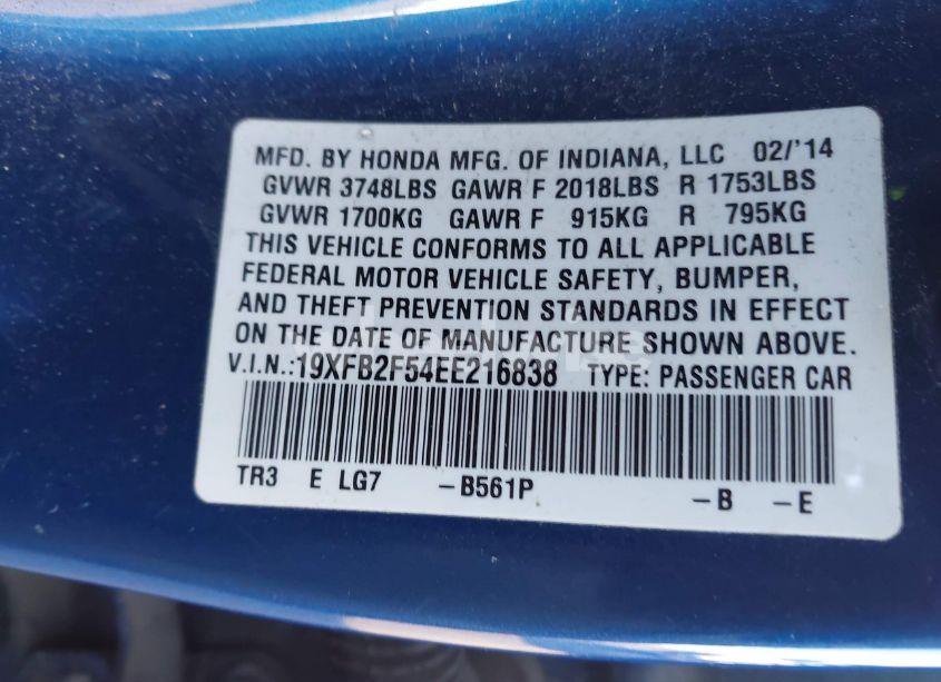 Photo 9 of 2014 Honda Civic LX (VIN 19XFB2F54EE216838)