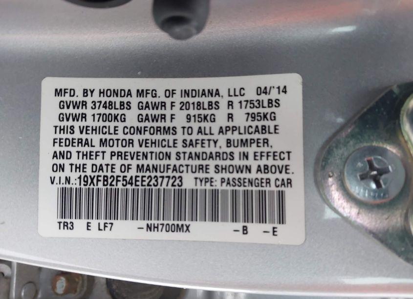 Photo 9 of 2014 Honda Civic LX (VIN 19XFB2F54EE237723)