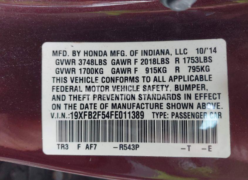 Photo 9 of 2015 Honda Civic LX (VIN 19XFB2F54FE011389)