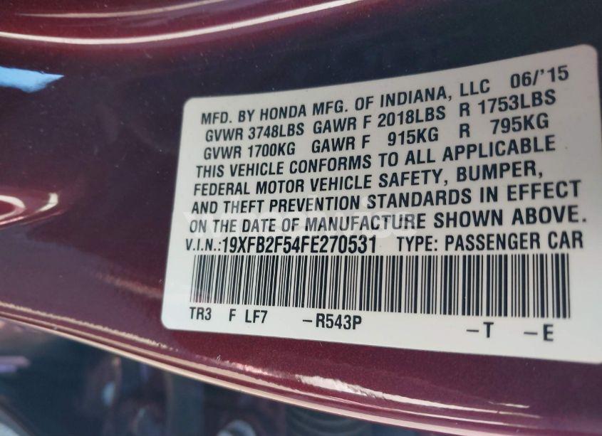 Photo 9 of 2015 Honda Civic LX (VIN 19XFB2F54FE270531)