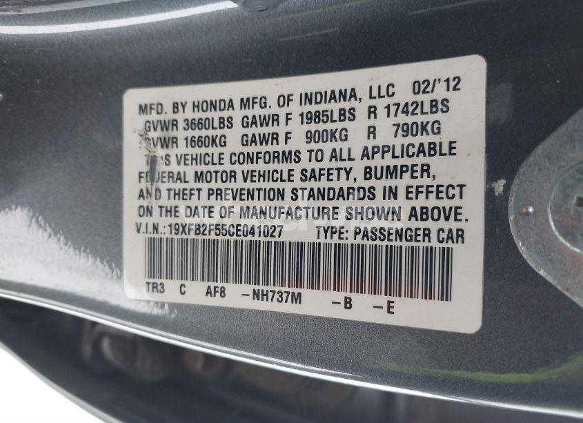Photo 9 of 2012 Honda Civic SDN LX (VIN 19XFB2F55CE041027)