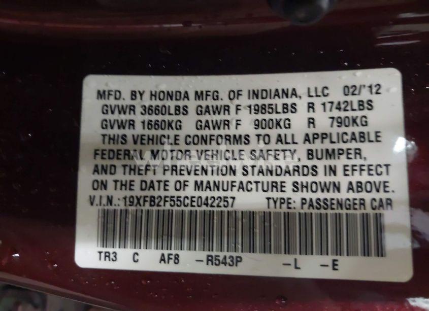 Photo 9 of 2012 Honda Civic LX (VIN 19XFB2F55CE042257)