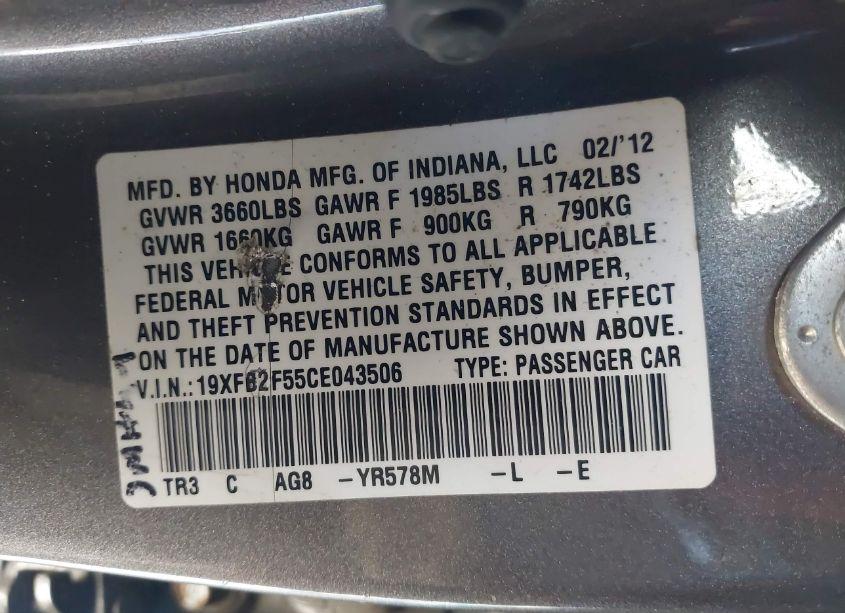 Photo 9 of 2012 Honda Civic SDN LX (VIN 19XFB2F55CE043506)