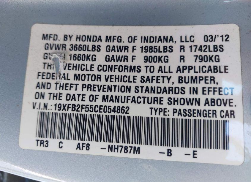 Photo 9 of 2012 Honda Civic SDN LX (VIN 19XFB2F55CE054862)