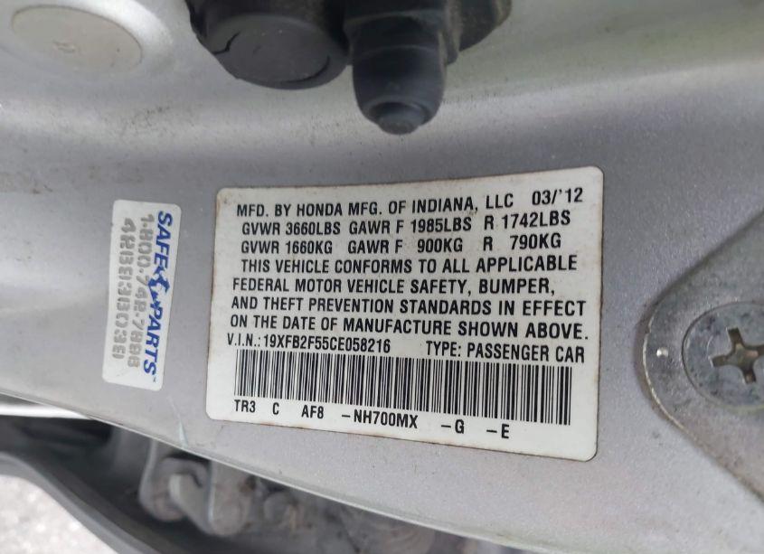 Photo 9 of 2012 Honda Civic SDN LX (VIN 19XFB2F55CE058216)