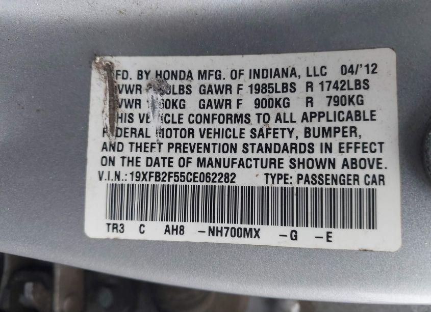 Photo 9 of 2012 Honda Civic LX (VIN 19XFB2F55CE062282)