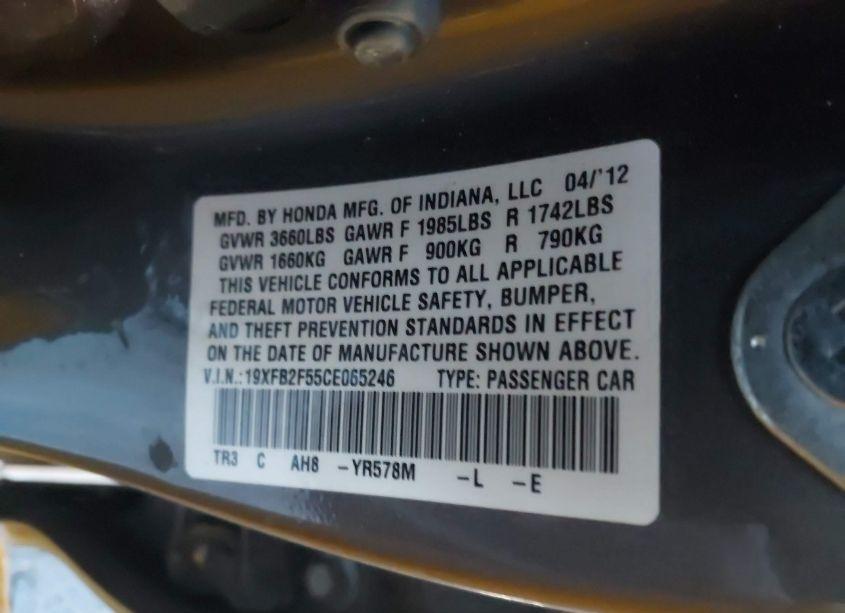 Photo 9 of 2012 Honda Civic LX (VIN 19XFB2F55CE065246)