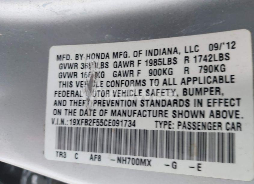 Photo 9 of 2012 Honda Civic LX (VIN 19XFB2F55CE091734)