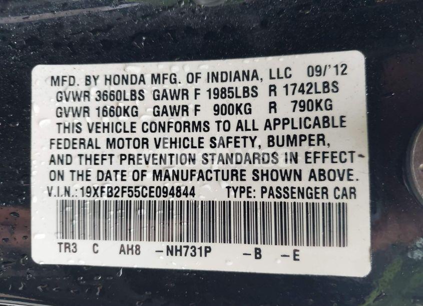 Photo 9 of 2012 Honda Civic LX (VIN 19XFB2F55CE094844)