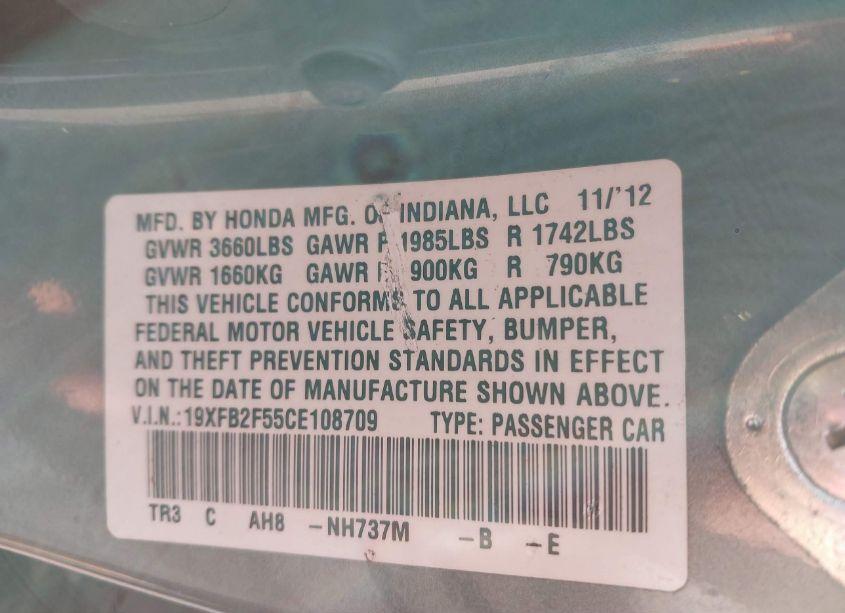 Photo 9 of 2012 Honda Civic LX (VIN 19XFB2F55CE108709)