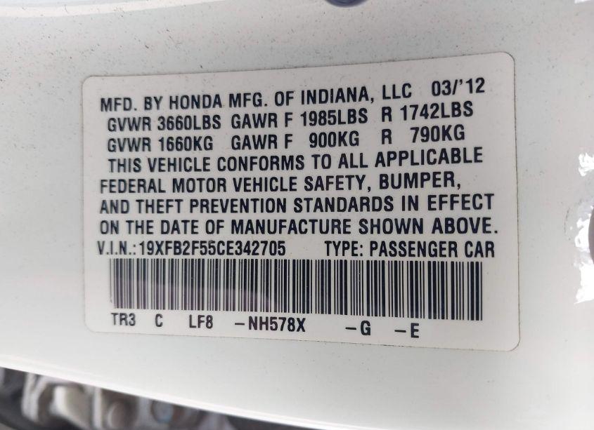 Photo 9 of 2012 Honda Civic SDN LX (VIN 19XFB2F55CE342705)
