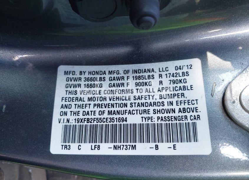 Photo 9 of 2012 Honda Civic SDN LX (VIN 19XFB2F55CE351694)