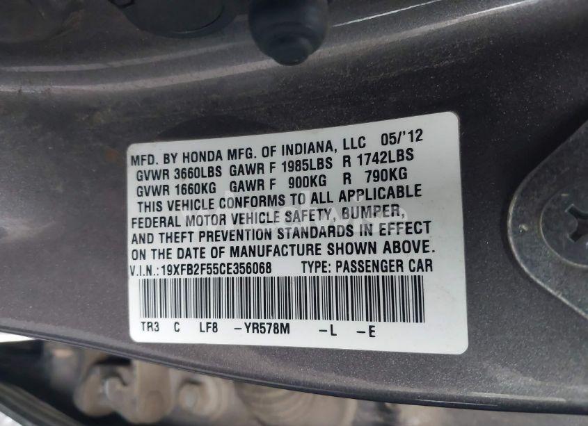 Photo 9 of 2012 Honda Civic LX (VIN 19XFB2F55CE356068)