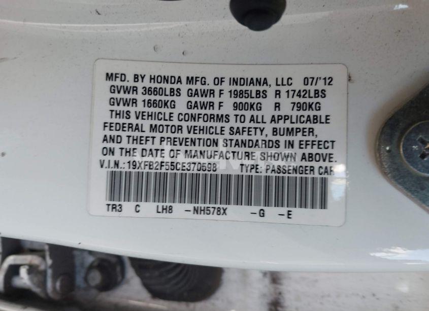 Photo 9 of 2012 Honda Civic SDN LX (VIN 19XFB2F55CE370598)