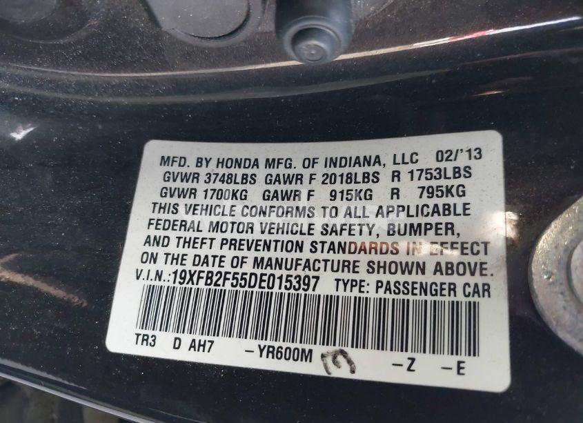 Photo 9 of 2013 Honda Civic LX (VIN 19XFB2F55DE015397)