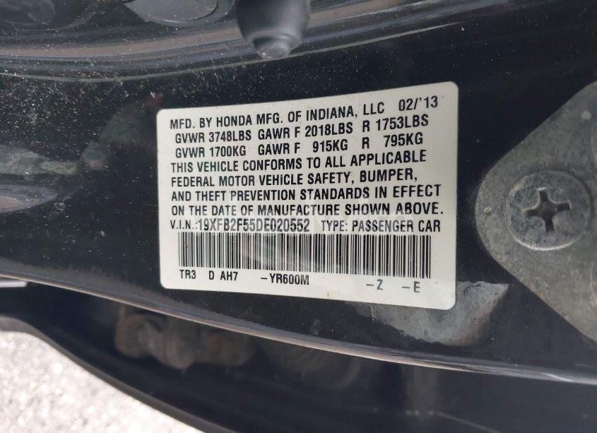 Photo 9 of 2013 Honda Civic LX (VIN 19XFB2F55DE020552)