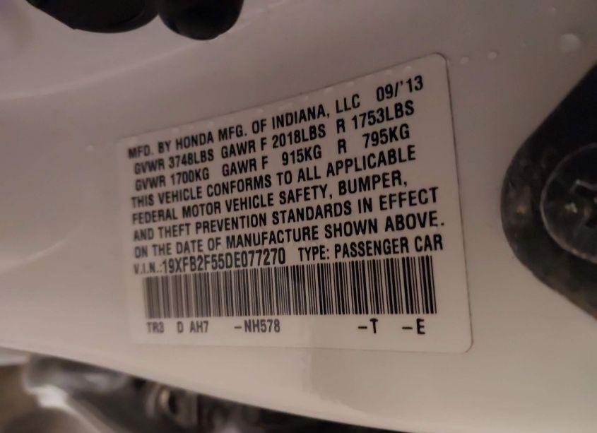 Photo 9 of 2013 Honda Civic LX (VIN 19XFB2F55DE077270)