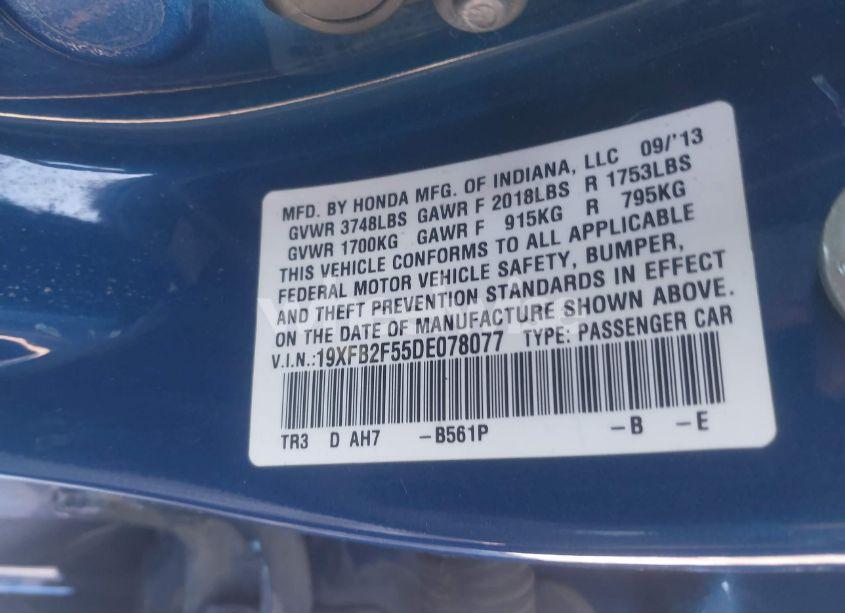 Photo 9 of 2013 Honda Civic LX (VIN 19XFB2F55DE078077)