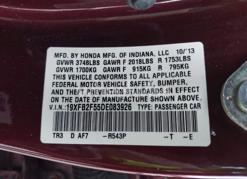 Photo 9 of 2013 Honda Civic LX (VIN 19XFB2F55DE083926)