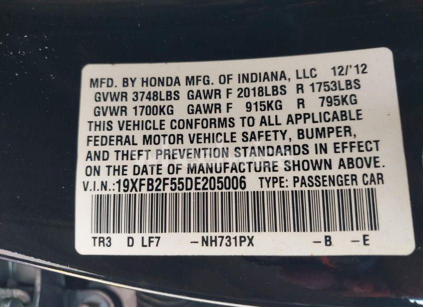 Photo 9 of 2013 Honda Civic LX (VIN 19XFB2F55DE205006)