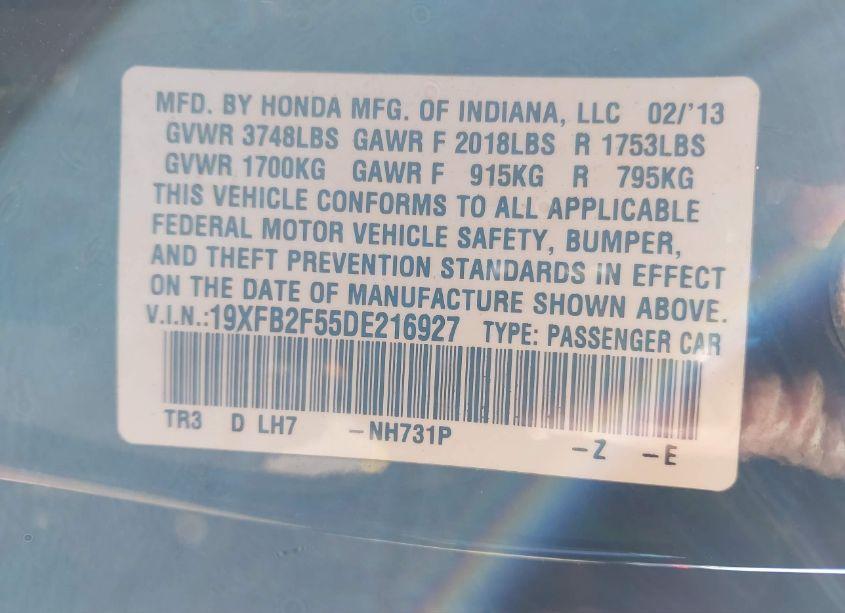 Photo 9 of 2013 Honda Civic LX (VIN 19XFB2F55DE216927)