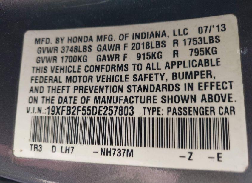 Photo 9 of 2013 Honda Civic LX (VIN 19XFB2F55DE257803)