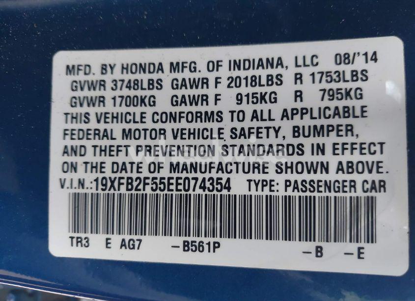 Photo 9 of 2014 Honda Civic LX (VIN 19XFB2F55EE074354)
