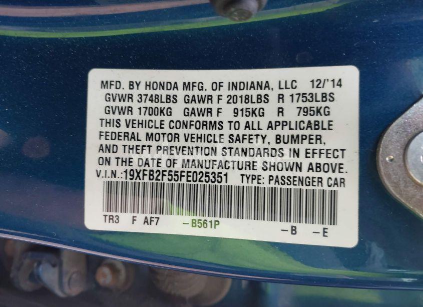 Photo 9 of 2015 Honda Civic LX (VIN 19XFB2F55FE025351)