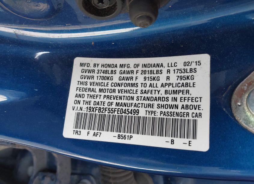 Photo 9 of 2015 Honda Civic LX (VIN 19XFB2F55FE045499)
