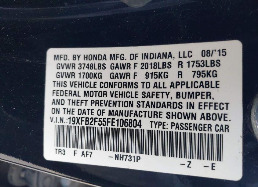 Photo 9 of 2015 Honda Civic LX (VIN 19XFB2F55FE106804)