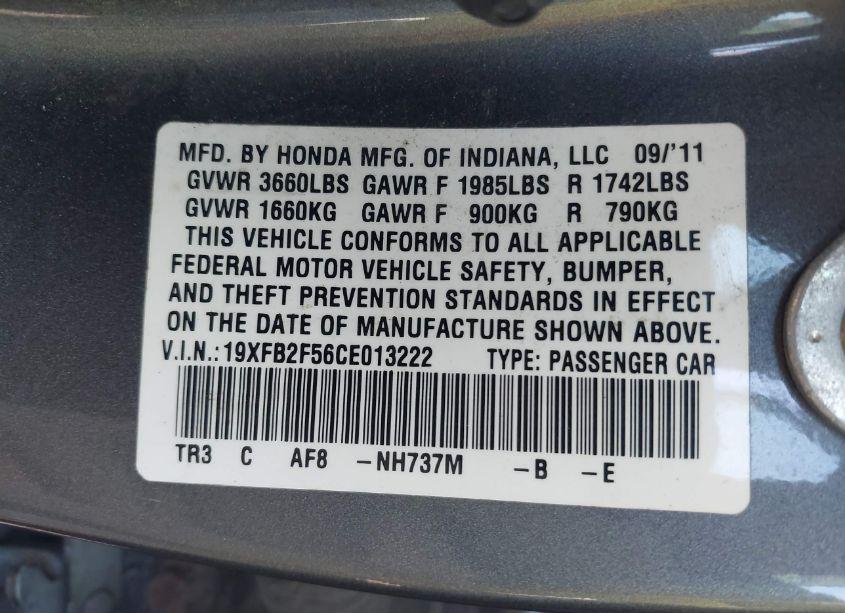 Photo 9 of 2012 Honda Civic LX (VIN 19XFB2F56CE013222)