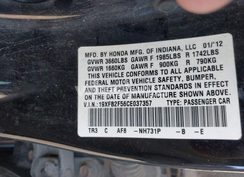 Photo 9 of 2012 Honda Civic LX (VIN 19XFB2F56CE037357)