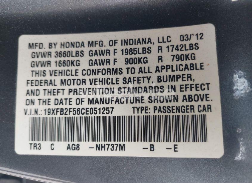 Photo 9 of 2012 Honda Civic LX (VIN 19XFB2F56CE051257)