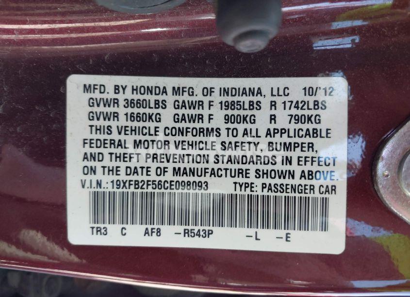 Photo 9 of 2012 Honda Civic LX (VIN 19XFB2F56CE098093)