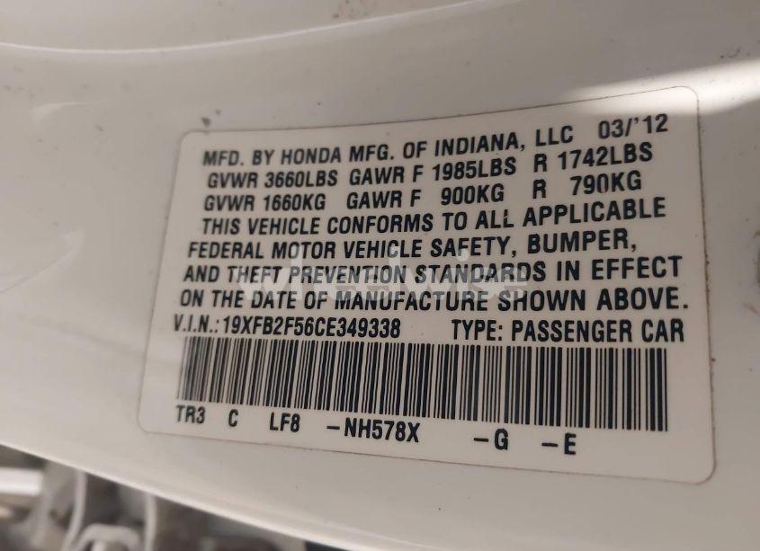 Photo 9 of 2012 Honda Civic SDN LX (VIN 19XFB2F56CE349338)
