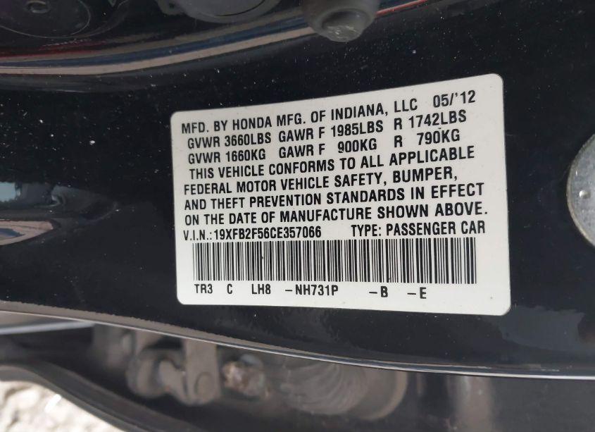 Photo 9 of 2012 Honda Civic SDN LX (VIN 19XFB2F56CE357066)