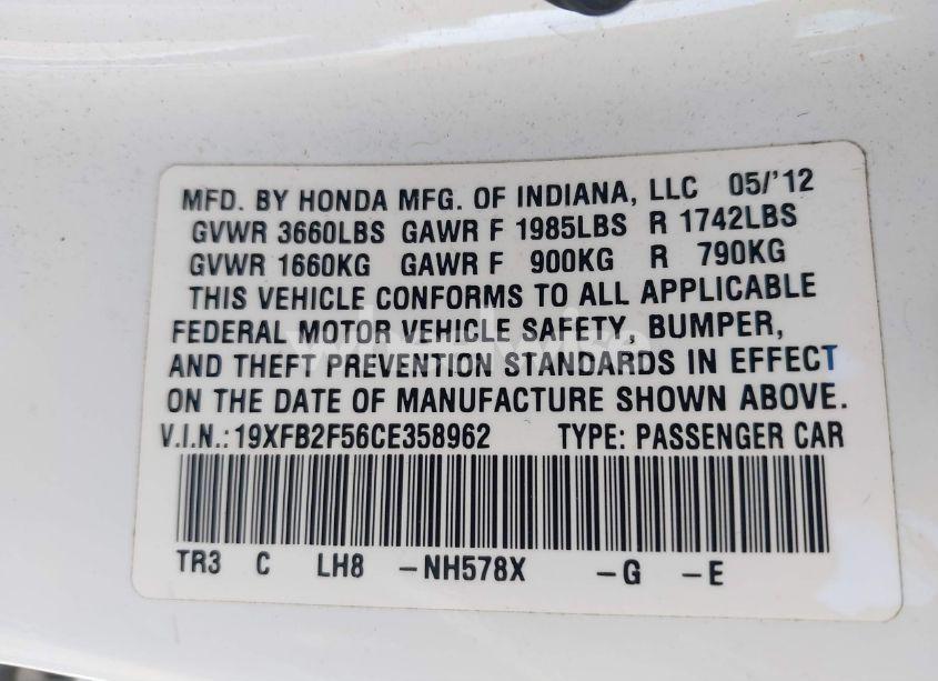 Photo 9 of 2012 Honda Civic SDN LX (VIN 19XFB2F56CE358962)