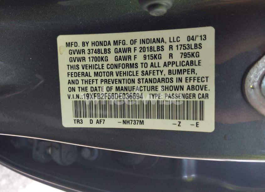 Photo 9 of 2013 Honda Civic LX (VIN 19XFB2F56DE036694)
