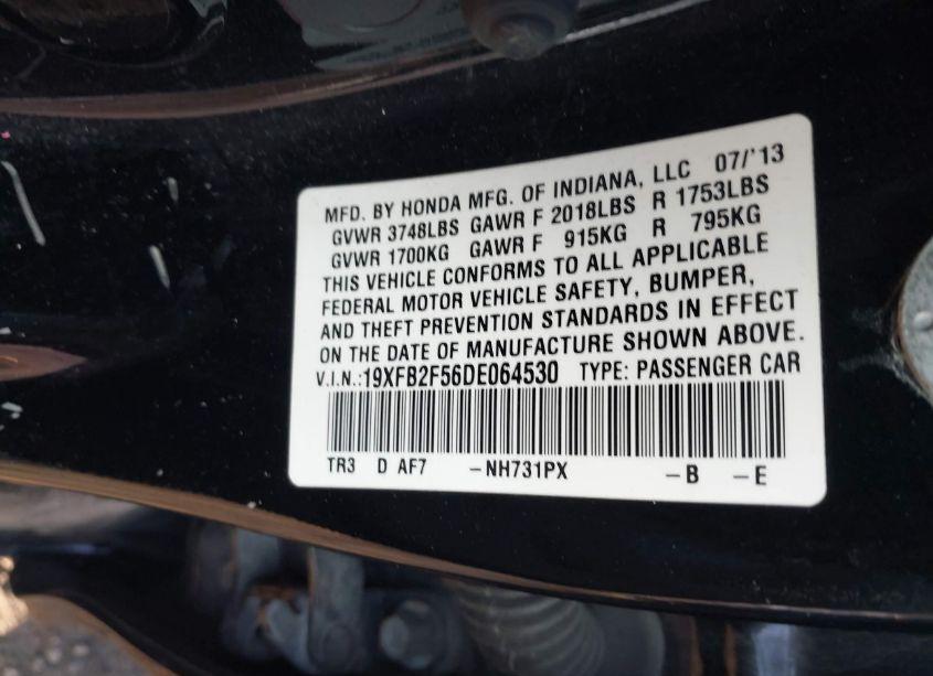 Photo 9 of 2013 Honda Civic LX (VIN 19XFB2F56DE064530)