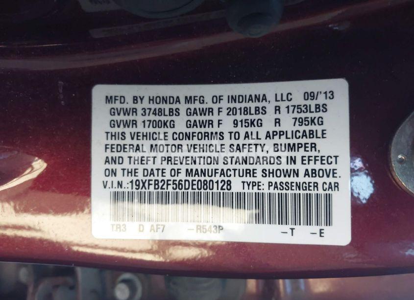 Photo 9 of 2013 Honda Civic LX (VIN 19XFB2F56DE080128)